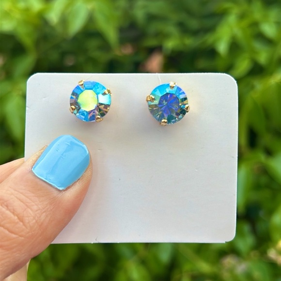 Iridescent Blue + Gold Crystal Earrings - Picture 13 of 16